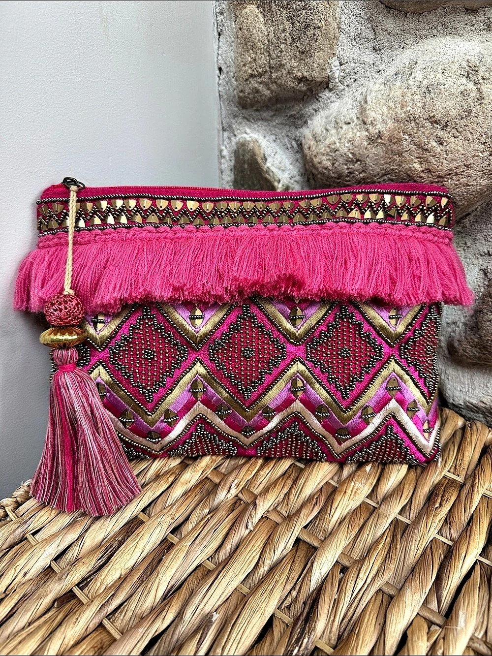 STEVEN Beaded Pink Fringe Clutch